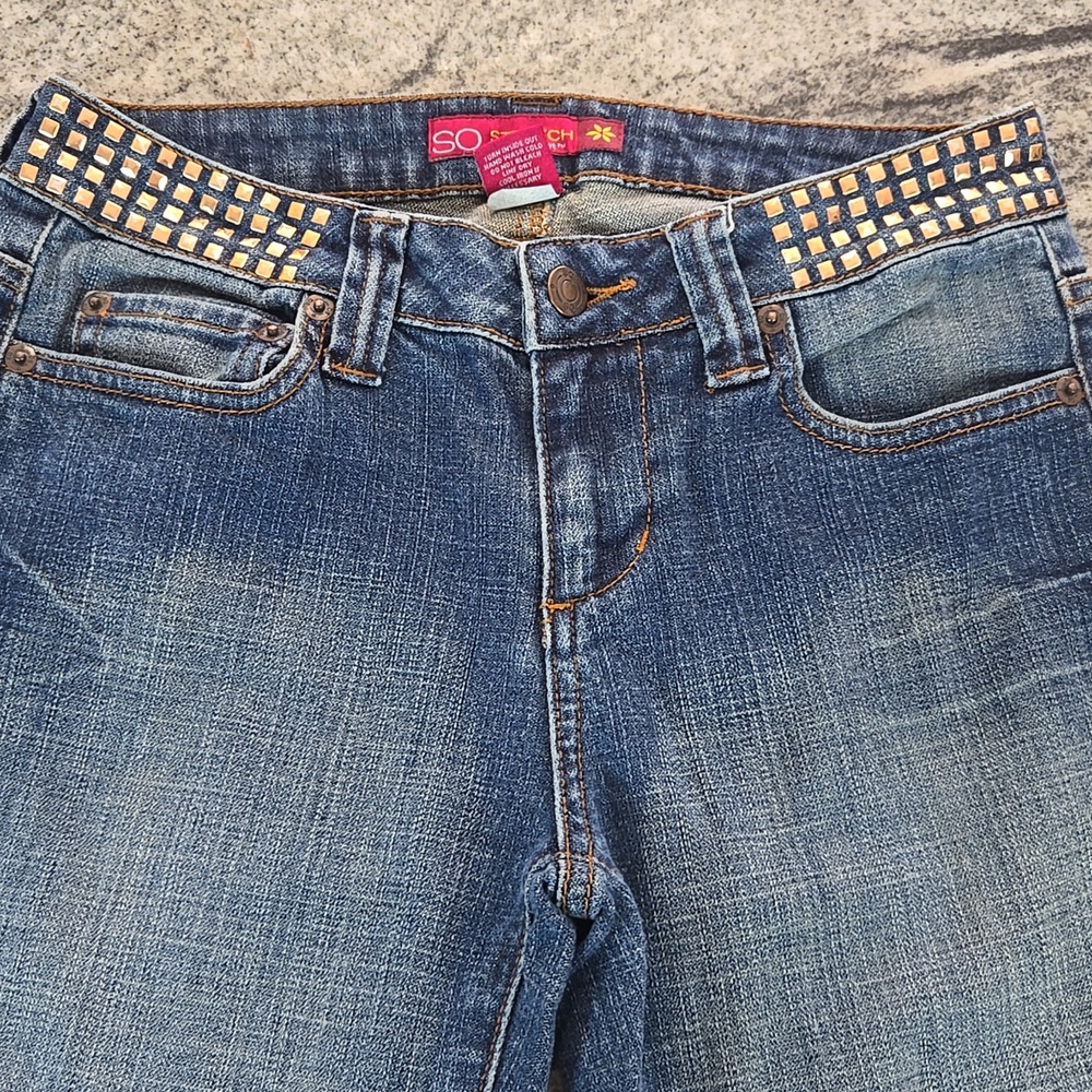 SO Stretch Junior's Size 1 Y2K Waistband Studded Low Rise Flare Denim Jeans